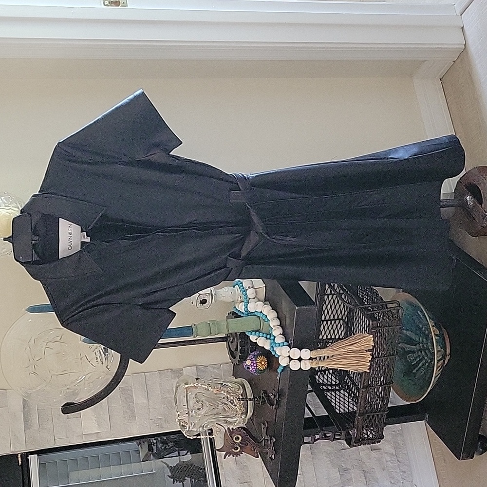Calvin Klein Vegan Black Leather Shirt Dress, Snap Front Dress, Belted Waist